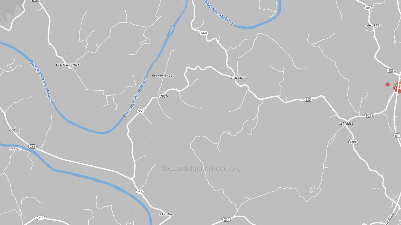 Walk Grade map of Judio, KY, walkable areas in green and car-dependent areas in red