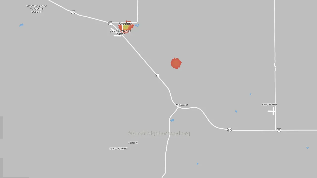 Walk Grade map of Judith Basin County, MT, walkable areas in green and car-dependent areas in red