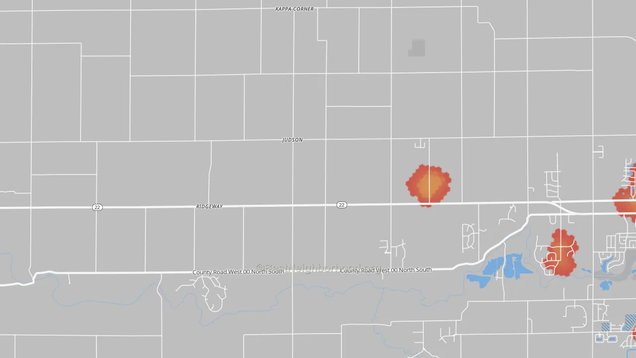 Walk Grade map of Judson, IN, walkable areas in green and car-dependent areas in red