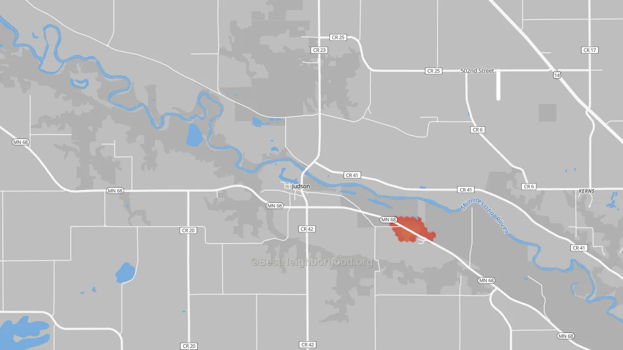 Walk Grade map of Judson, MN, walkable areas in green and car-dependent areas in red