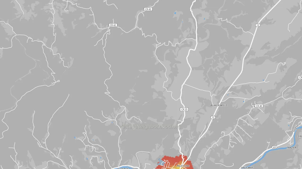 Walk Grade map of Judson, WV, walkable areas in green and car-dependent areas in red