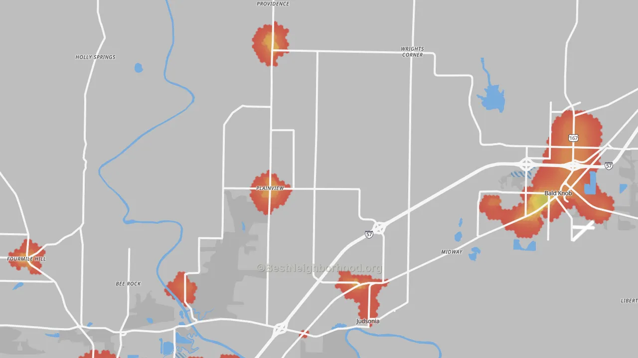 Walk Grade map of Judsonia, AR, walkable areas in green and car-dependent areas in red
