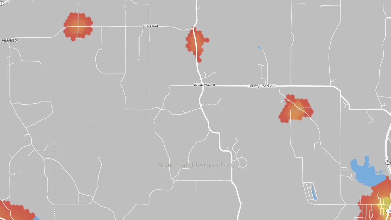 Walk Grade map of Jug Fork, MS, walkable areas in green and car-dependent areas in red
