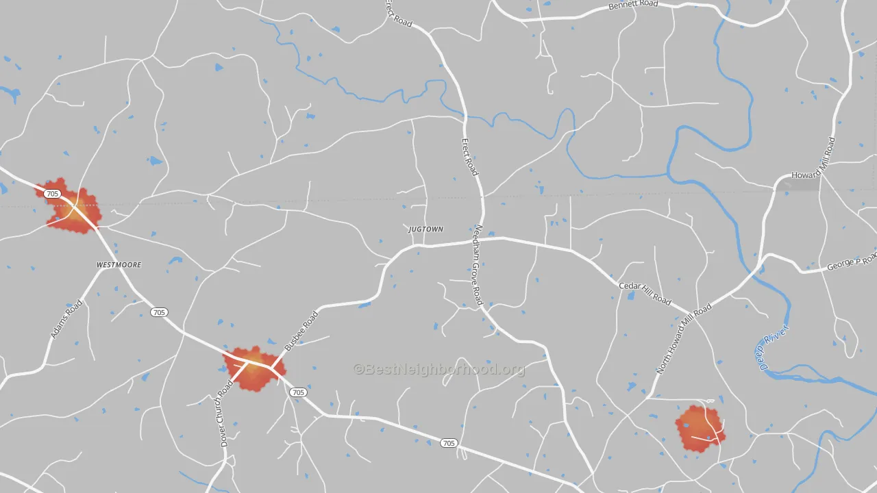 Walk Grade map of Jugtown, NC, walkable areas in green and car-dependent areas in red