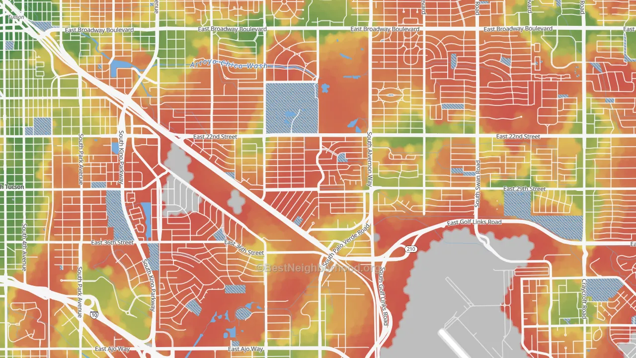 Walk Grade map of Julia Keen, Tucson, AZ, walkable areas in green and car-dependent areas in red