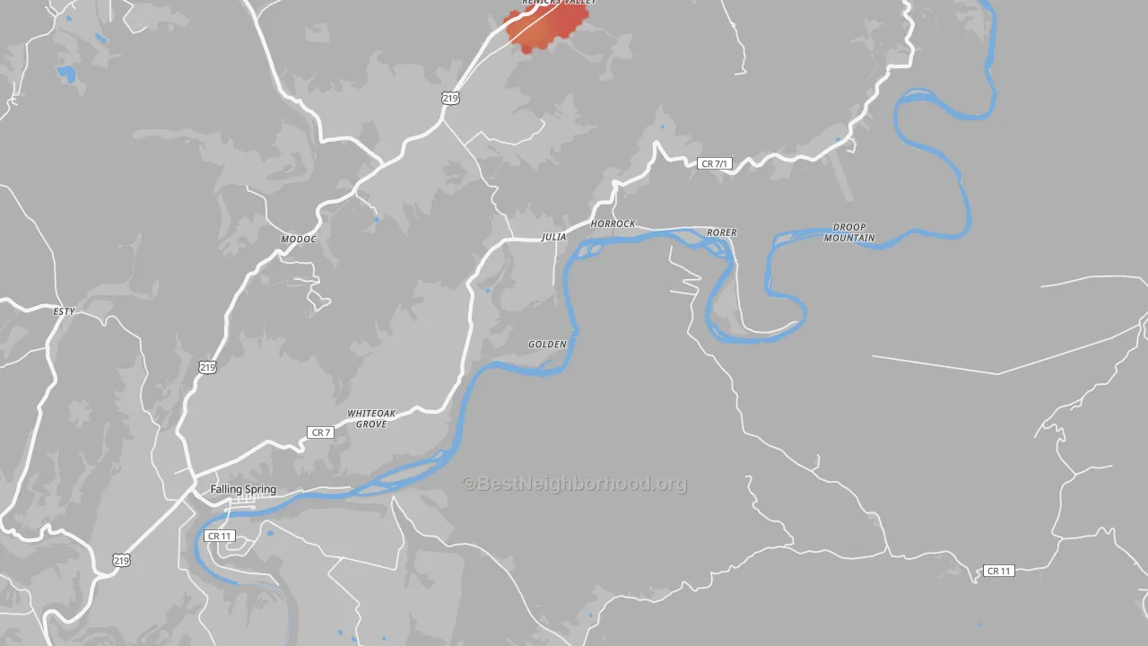 Walk Grade map of Julia, WV, walkable areas in green and car-dependent areas in red