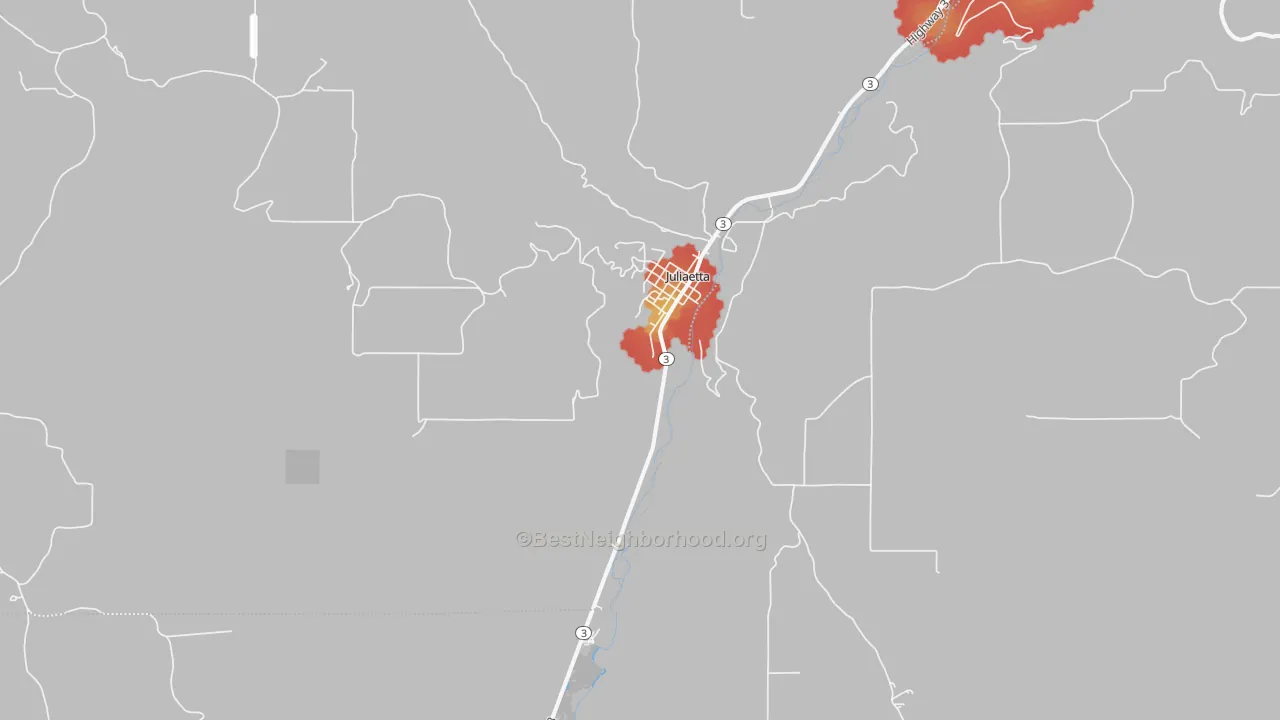 Walk Grade map of Juliaetta, ID, walkable areas in green and car-dependent areas in red