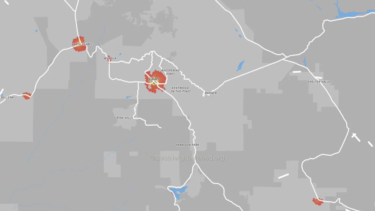 Walk Grade map of Julian, CA, walkable areas in green and car-dependent areas in red