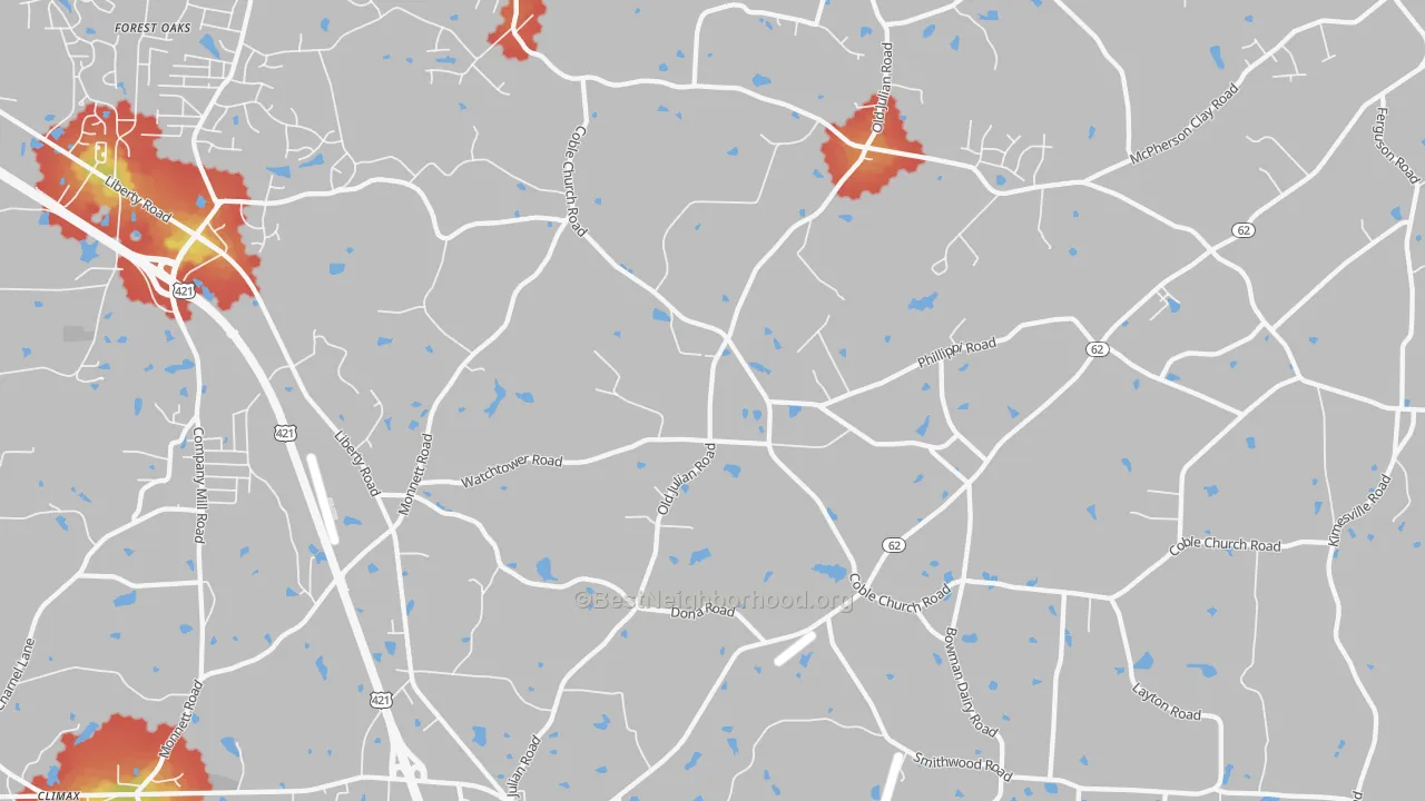 Walk Grade map of Julian, NC, walkable areas in green and car-dependent areas in red
