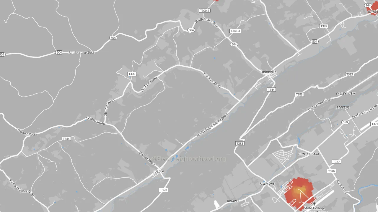 Walk Grade map of Julian, PA, walkable areas in green and car-dependent areas in red