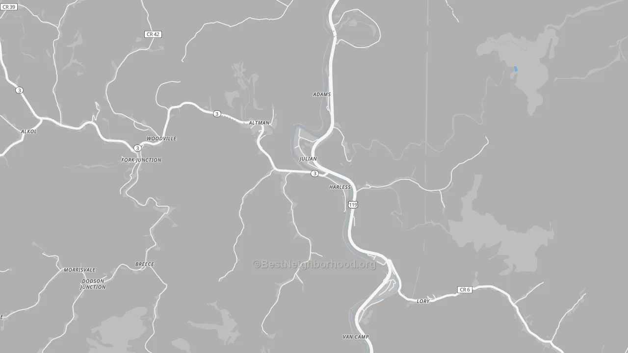 Walk Grade map of Julian, WV, walkable areas in green and car-dependent areas in red