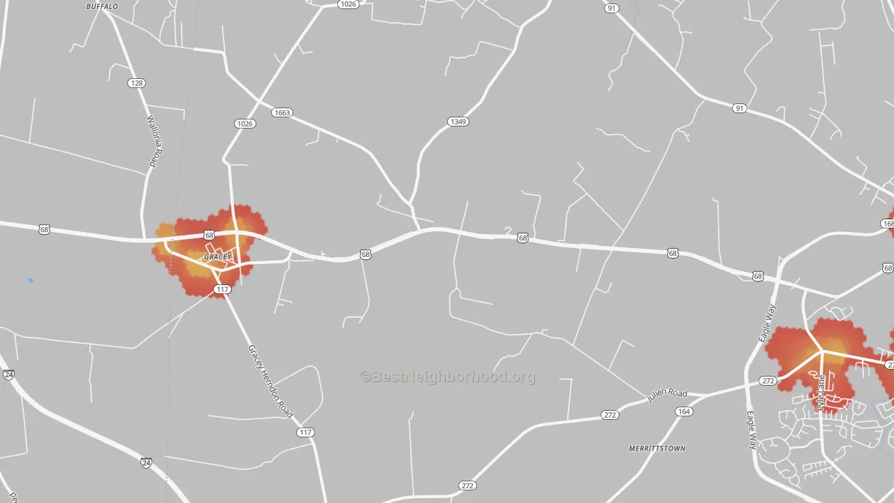 Walk Grade map of Julien, KY, walkable areas in green and car-dependent areas in red