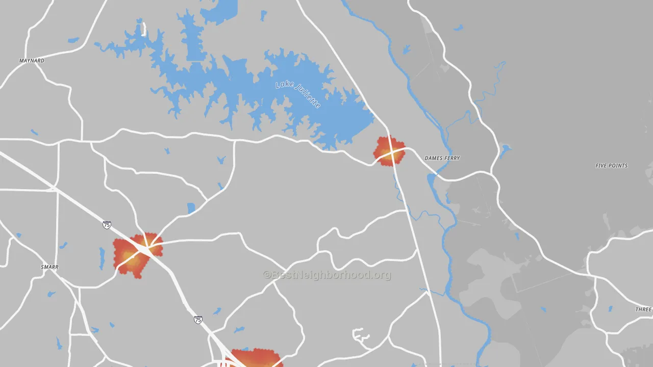 Walk Grade map of Juliette, GA, walkable areas in green and car-dependent areas in red