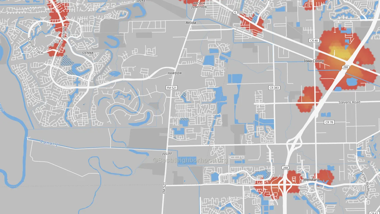 Walk Grade map of Juliff, TX, walkable areas in green and car-dependent areas in red
