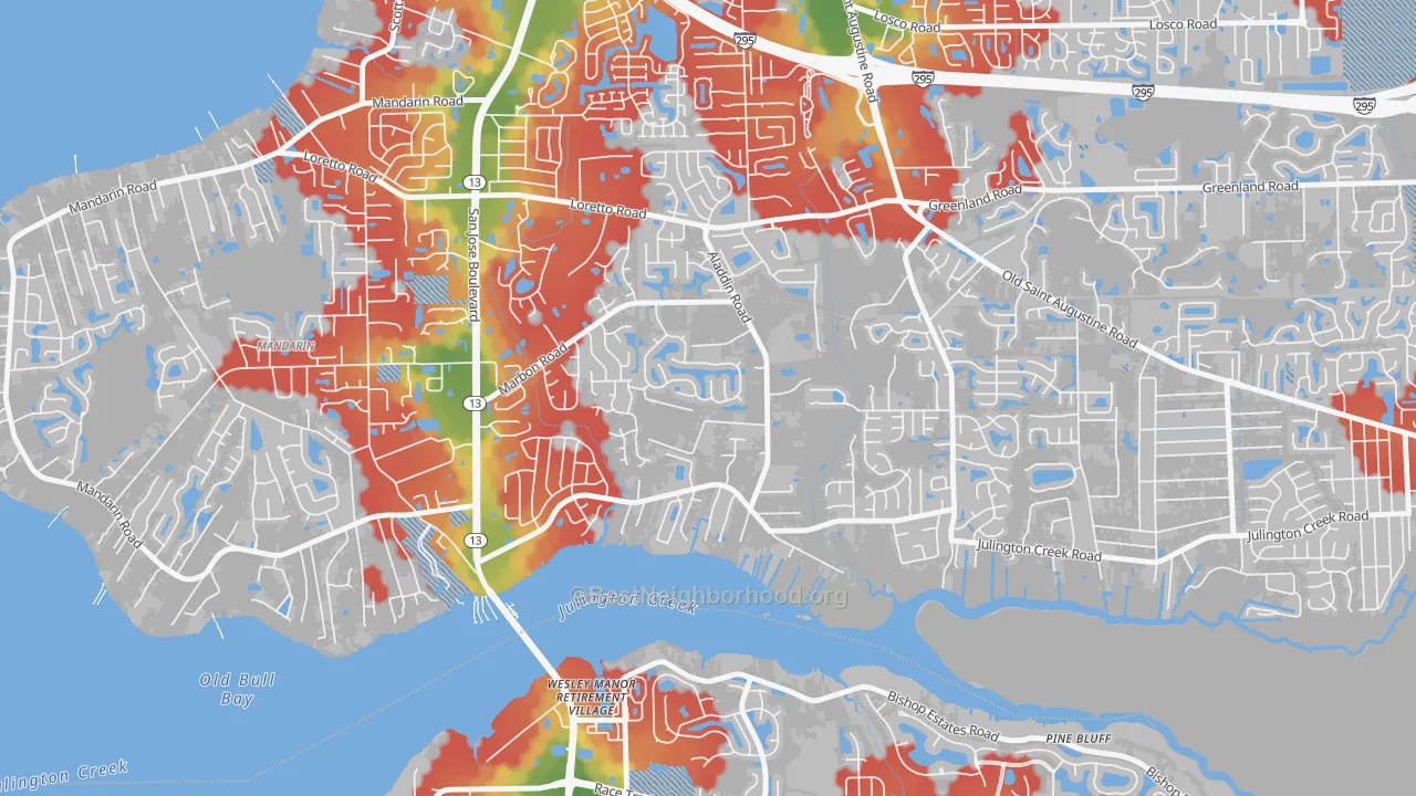 Walk Grade map of Julington Creek, Jacksonville, FL, walkable areas in green and car-dependent areas in red