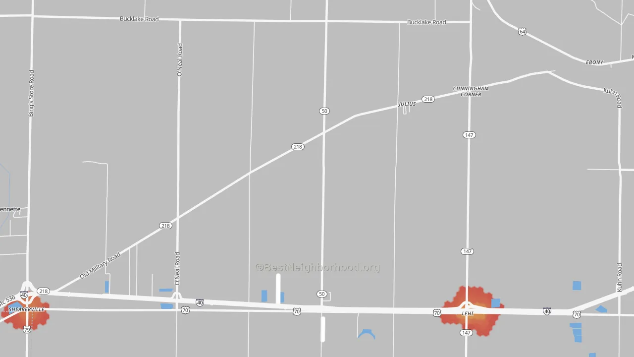 Walk Grade map of Julius, AR, walkable areas in green and car-dependent areas in red