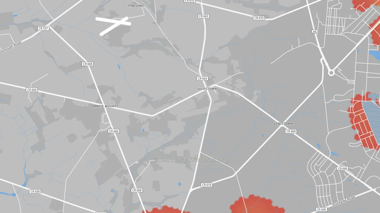 Walk Grade map of Juliustown, NJ, walkable areas in green and car-dependent areas in red