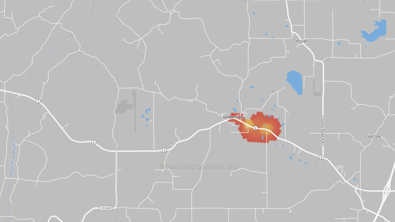 Walk Grade map of Jumpertown, MS, walkable areas in green and car-dependent areas in red