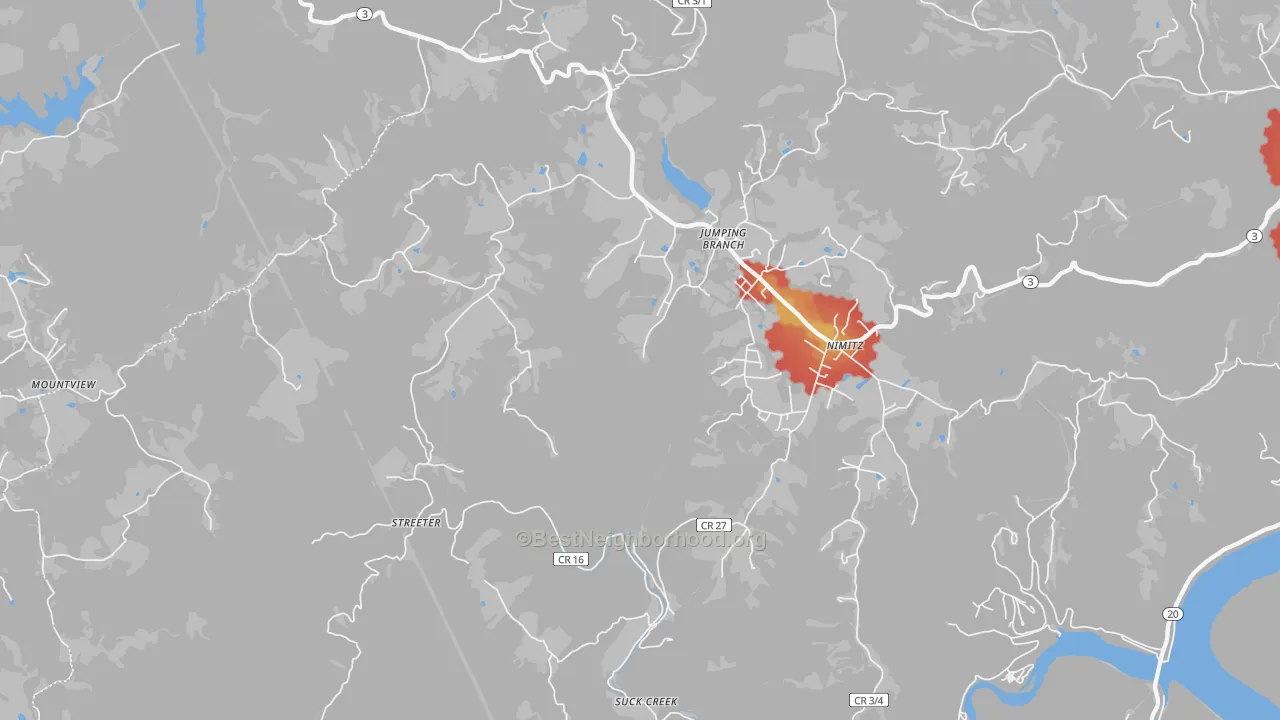 Walk Grade map of Jumping Branch, WV, walkable areas in green and car-dependent areas in red