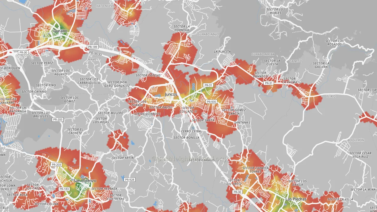 Walk Grade map of Juncos Municipio, PR, walkable areas in green and car-dependent areas in red
