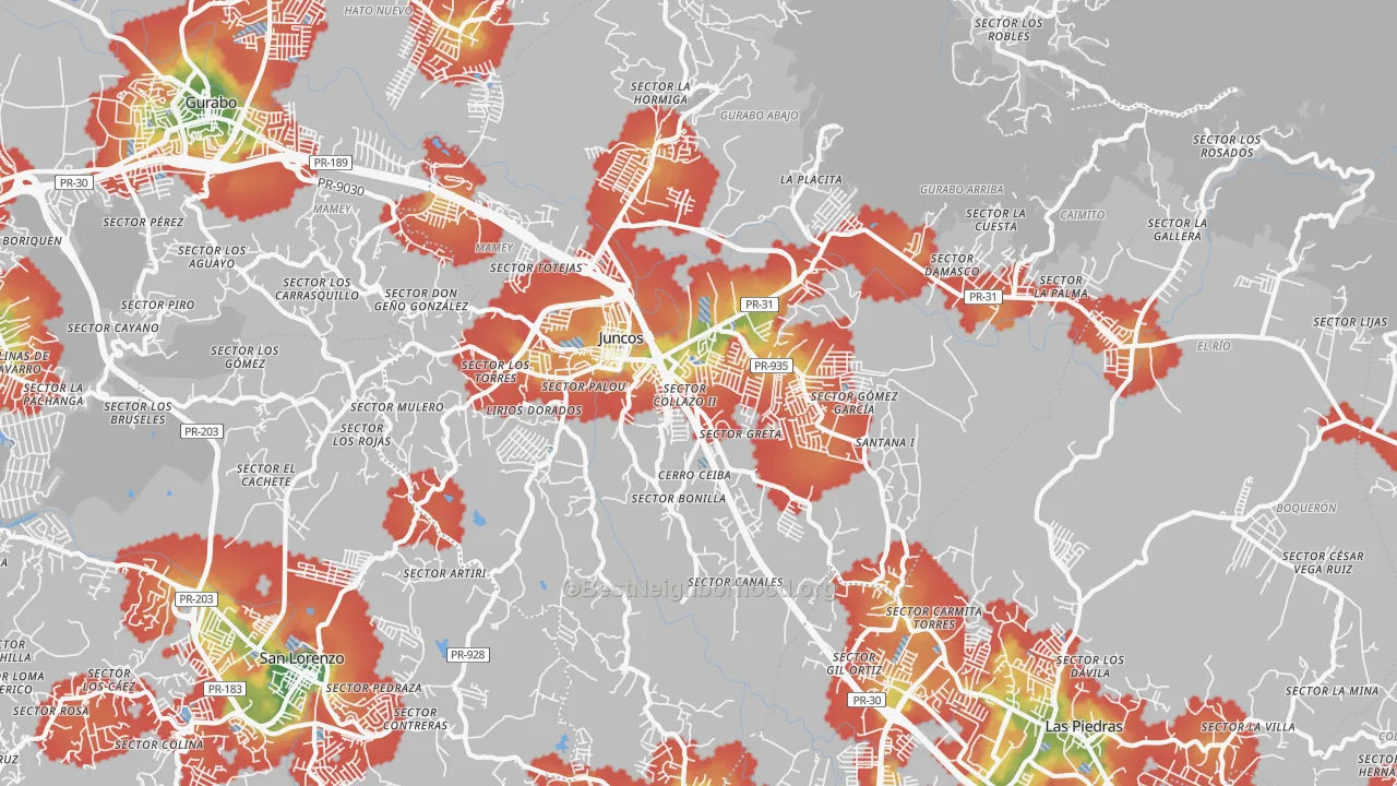 Walk Grade map of Juncos, PR, walkable areas in green and car-dependent areas in red