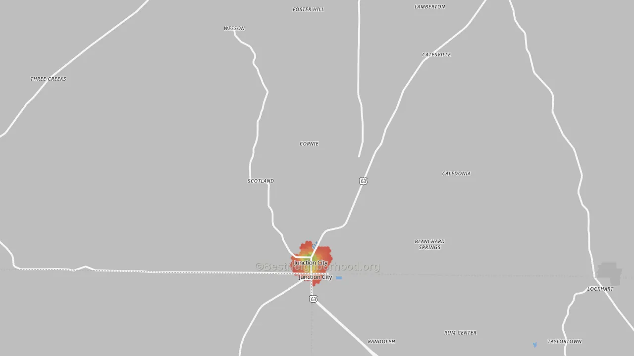Walk Grade map of Junction City, AR, walkable areas in green and car-dependent areas in red