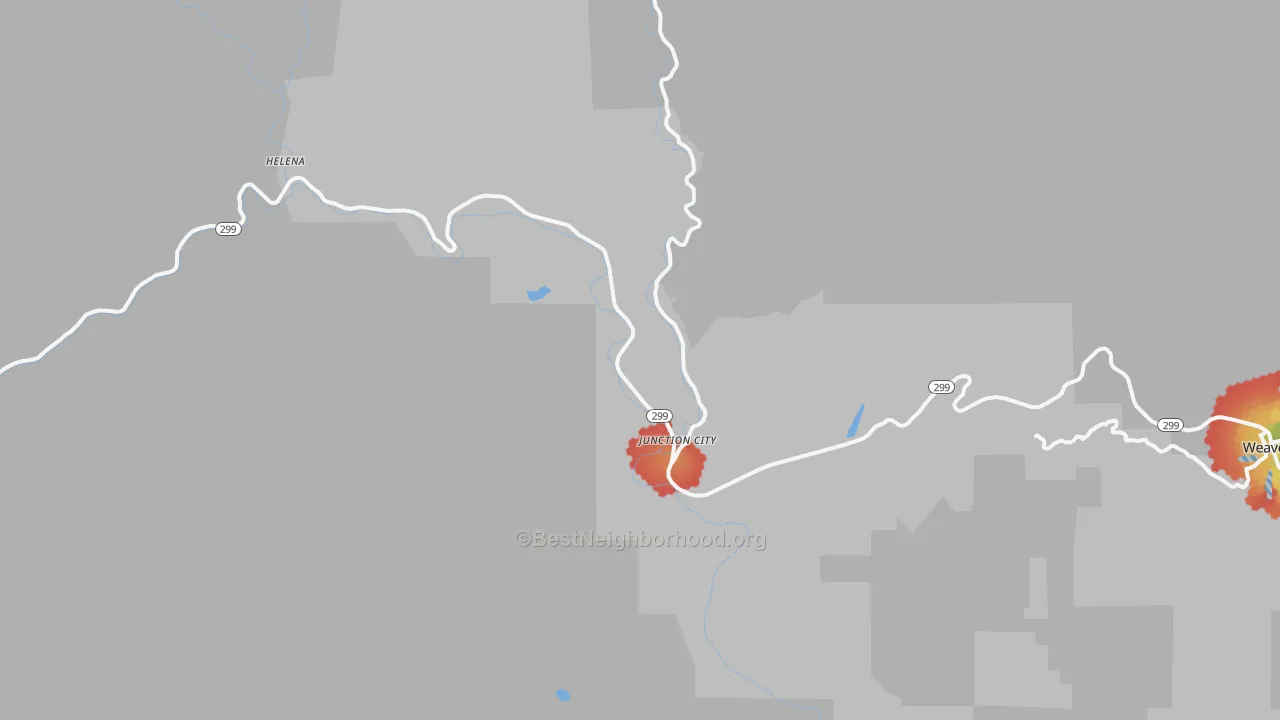 Walk Grade map of Junction City, CA, walkable areas in green and car-dependent areas in red