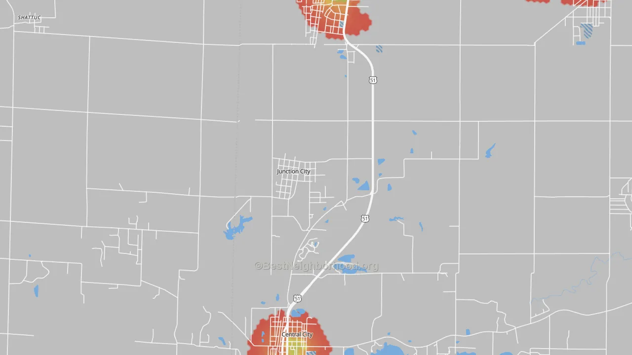 Walk Grade map of Junction City, IL, walkable areas in green and car-dependent areas in red