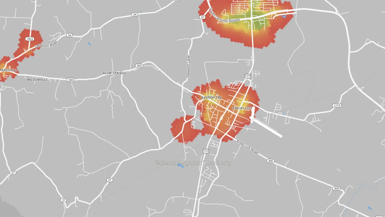 Walk Grade map of Junction City, KY, walkable areas in green and car-dependent areas in red