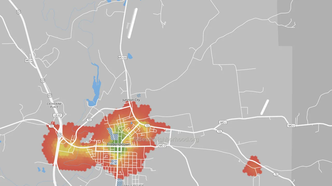 Walk Grade map of Junction City, MO, walkable areas in green and car-dependent areas in red