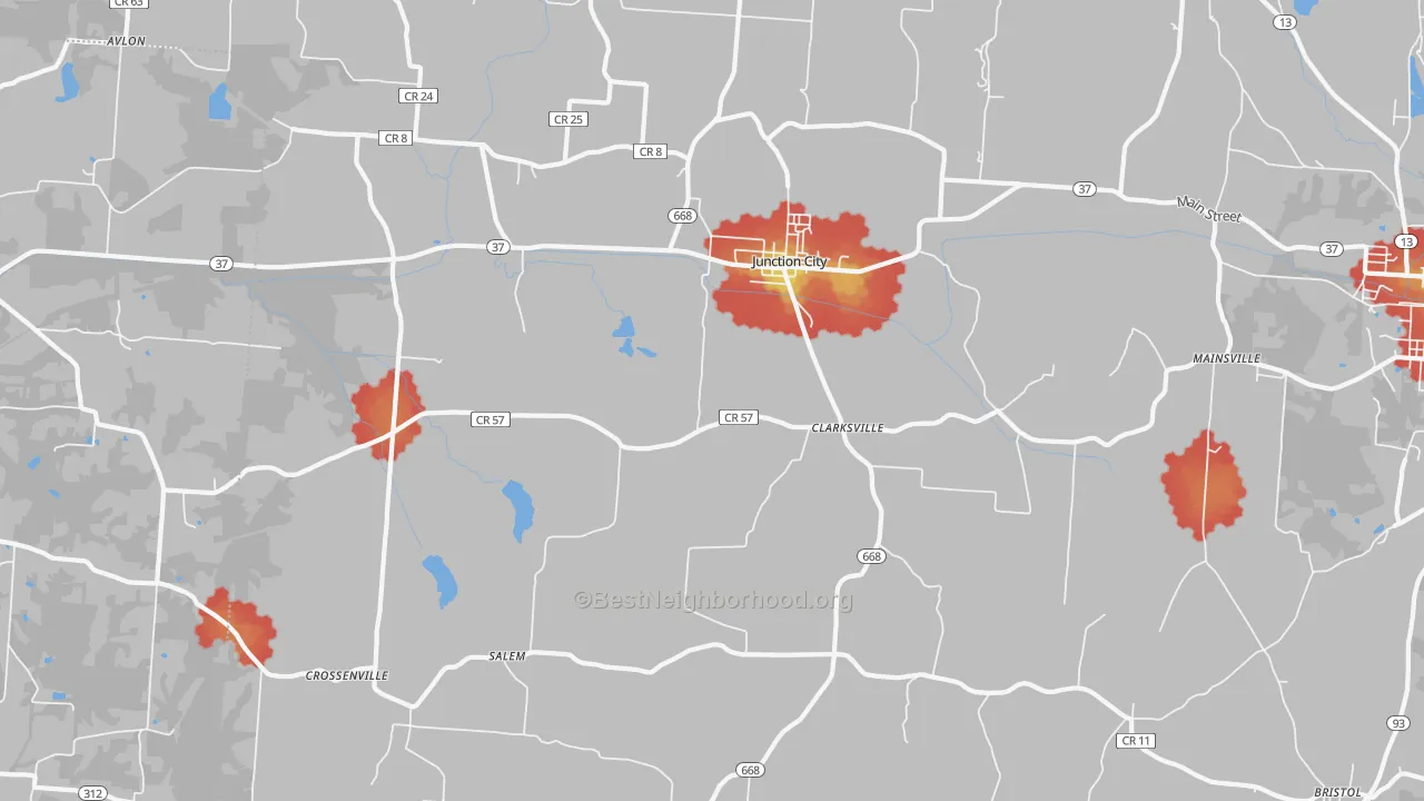 Walk Grade map of Junction City, OH, walkable areas in green and car-dependent areas in red
