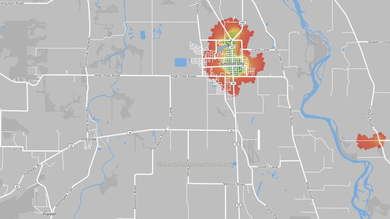 Walk Grade map of Junction City, OR, walkable areas in green and car-dependent areas in red