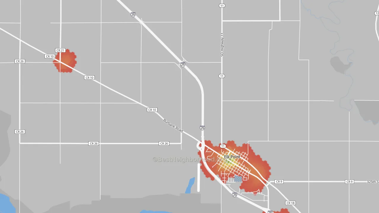 Walk Grade map of Junction City, SD, walkable areas in green and car-dependent areas in red