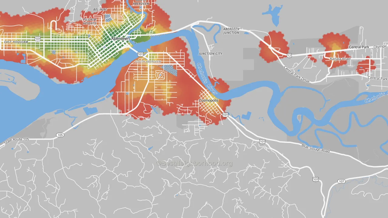Walk Grade map of Junction City, WA, walkable areas in green and car-dependent areas in red