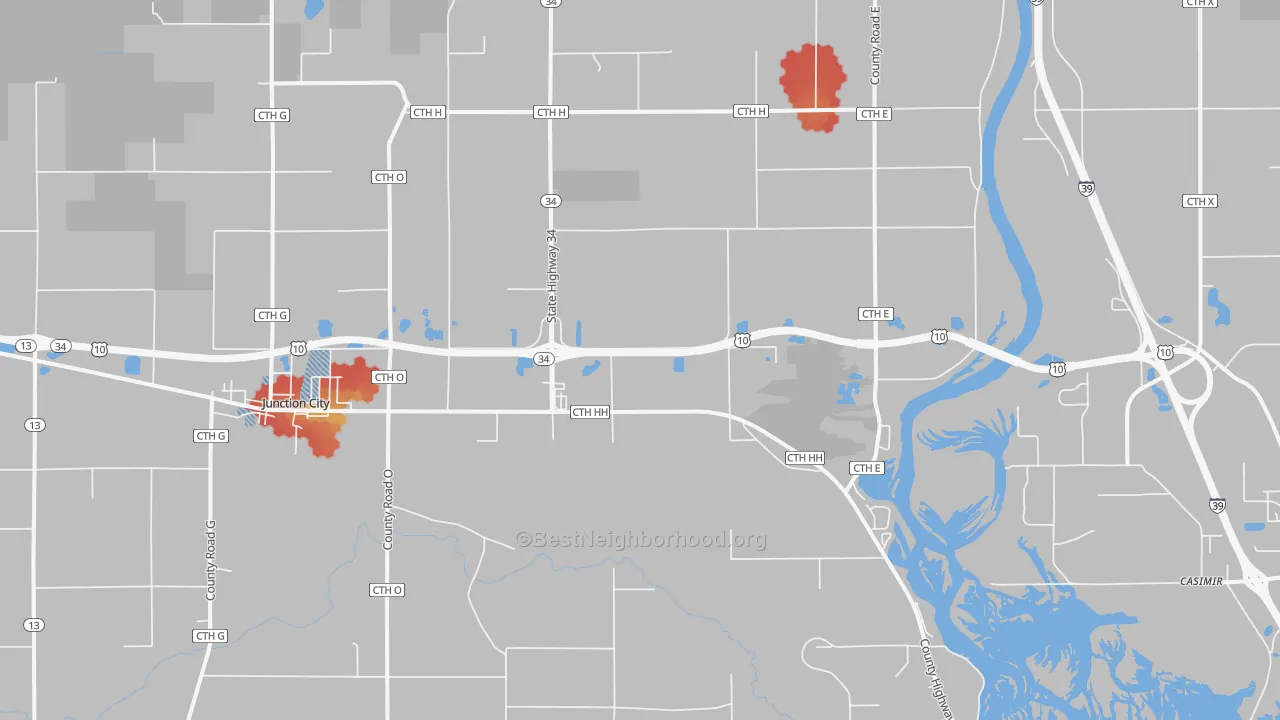 Walk Grade map of Junction City, WI, walkable areas in green and car-dependent areas in red