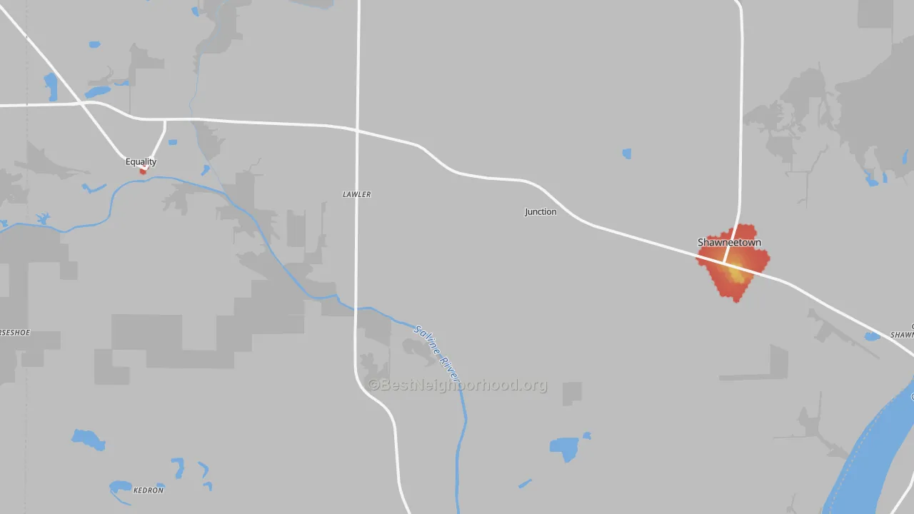 Walk Grade map of Junction, IL, walkable areas in green and car-dependent areas in red