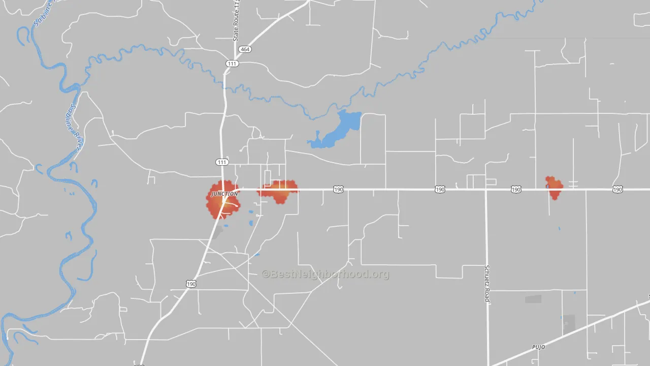 Walk Grade map of Junction, LA, walkable areas in green and car-dependent areas in red