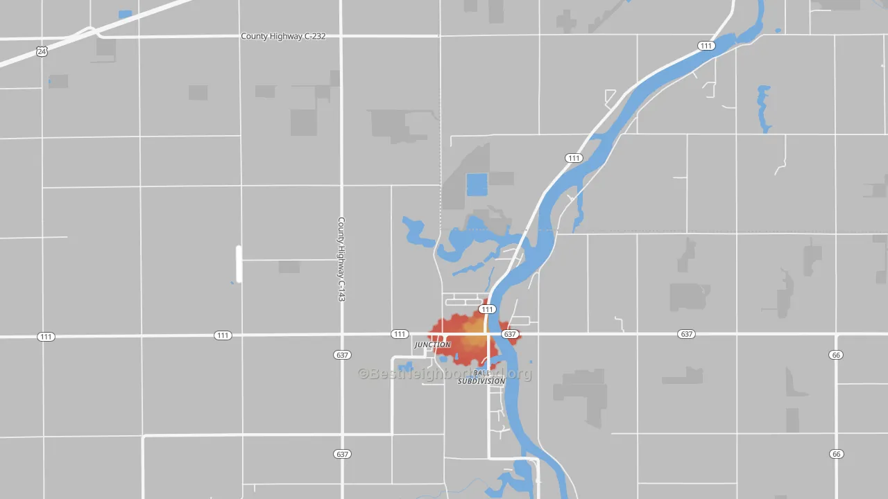 Walk Grade map of Junction, OH, walkable areas in green and car-dependent areas in red