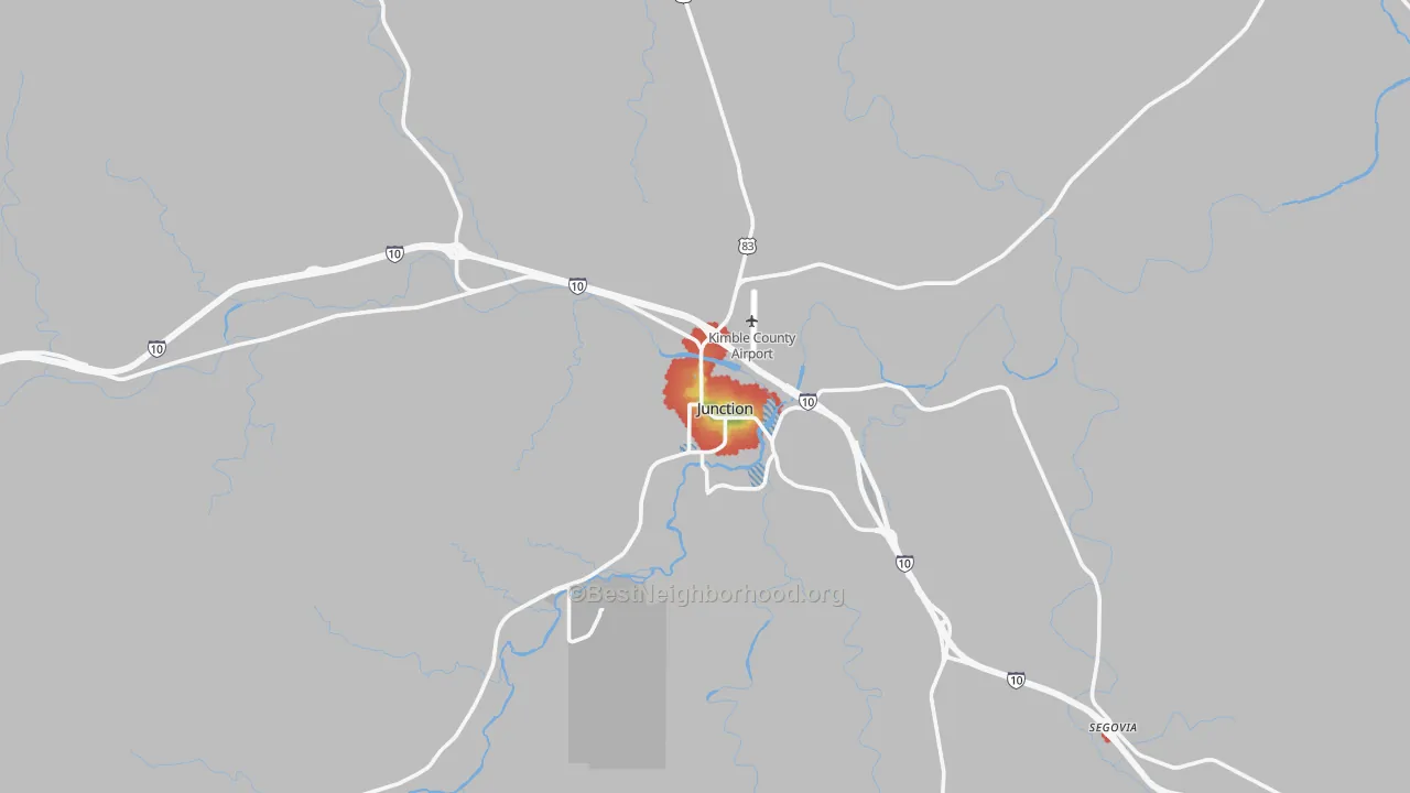 Walk Grade map of Junction, TX, walkable areas in green and car-dependent areas in red