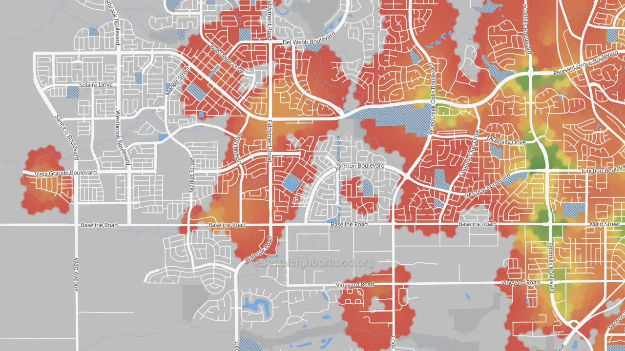 Walk Grade map of Junction West, Roseville, CA, walkable areas in green and car-dependent areas in red