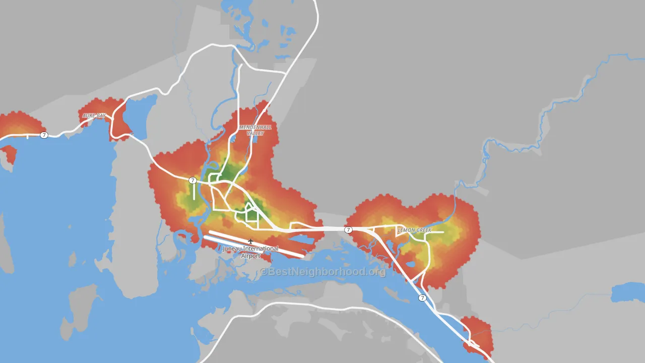 Walk Grade map of Juneau, AK, walkable areas in green and car-dependent areas in red