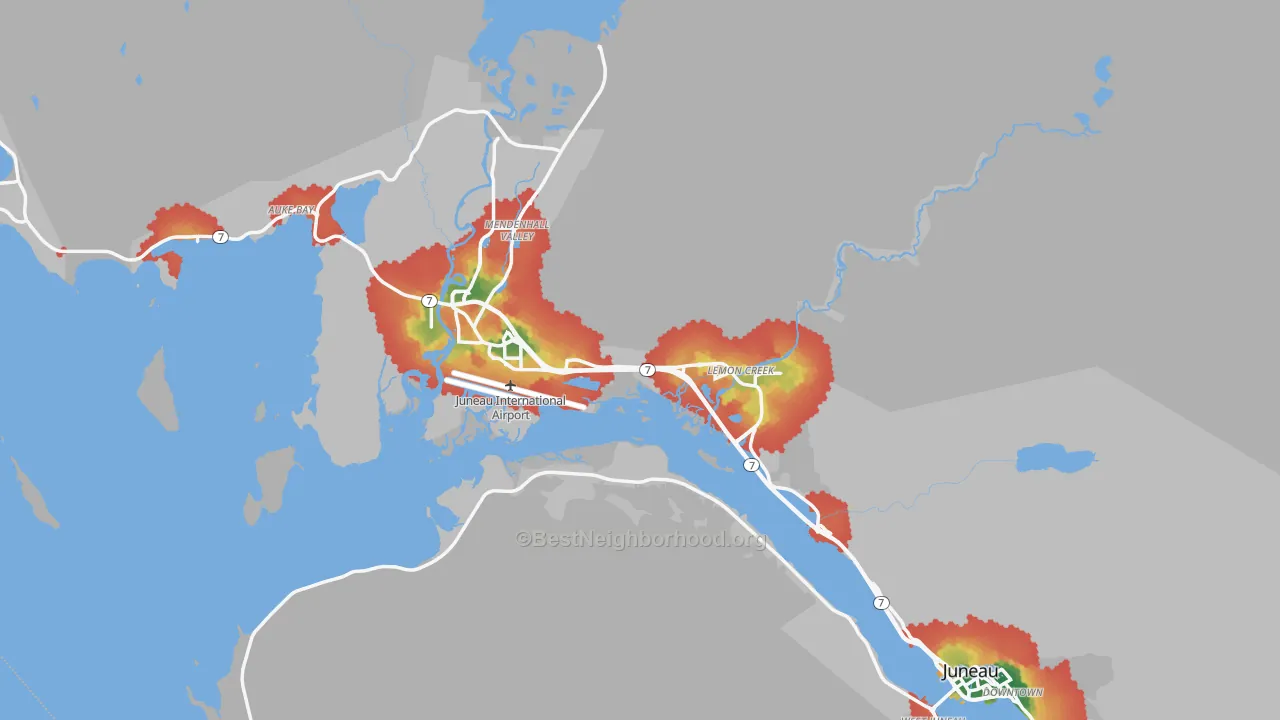Walk Grade map of Juneau City and Borough, AK, walkable areas in green and car-dependent areas in red