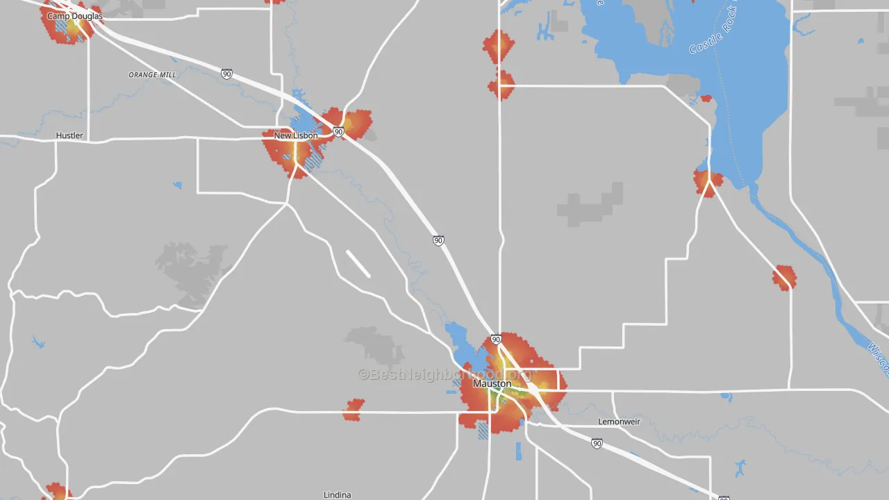 Walk Grade map of Juneau County, WI, walkable areas in green and car-dependent areas in red