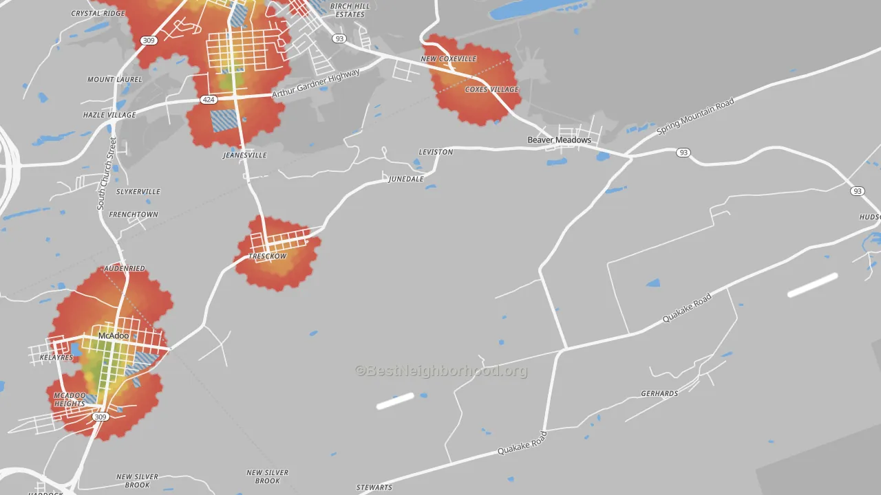 Walk Grade map of Junedale, PA, walkable areas in green and car-dependent areas in red