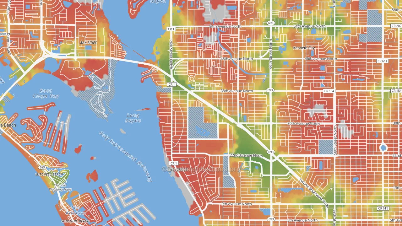Walk Grade map of Jungle Terrace, St. Petersburg, FL, walkable areas in green and car-dependent areas in red