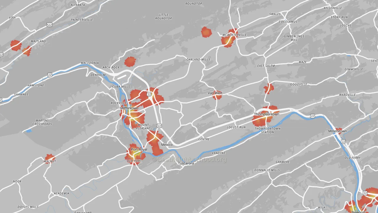 Walk Grade map of Juniata County, PA, walkable areas in green and car-dependent areas in red