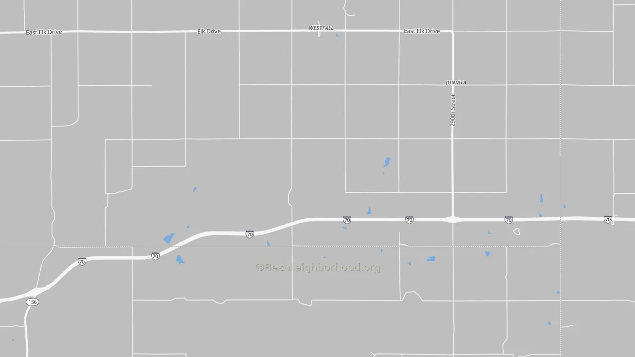 Walk Grade map of Juniata, KS, walkable areas in green and car-dependent areas in red