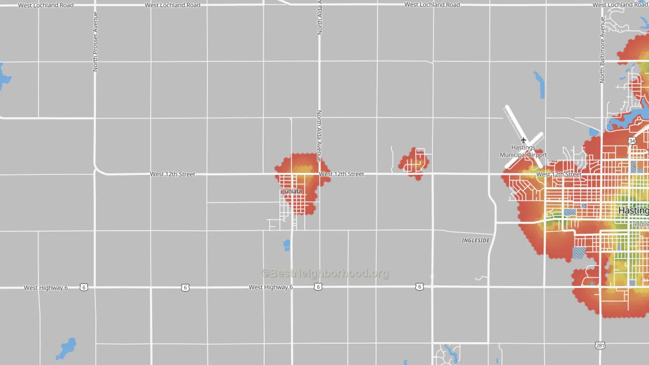 Walk Grade map of Juniata, NE, walkable areas in green and car-dependent areas in red