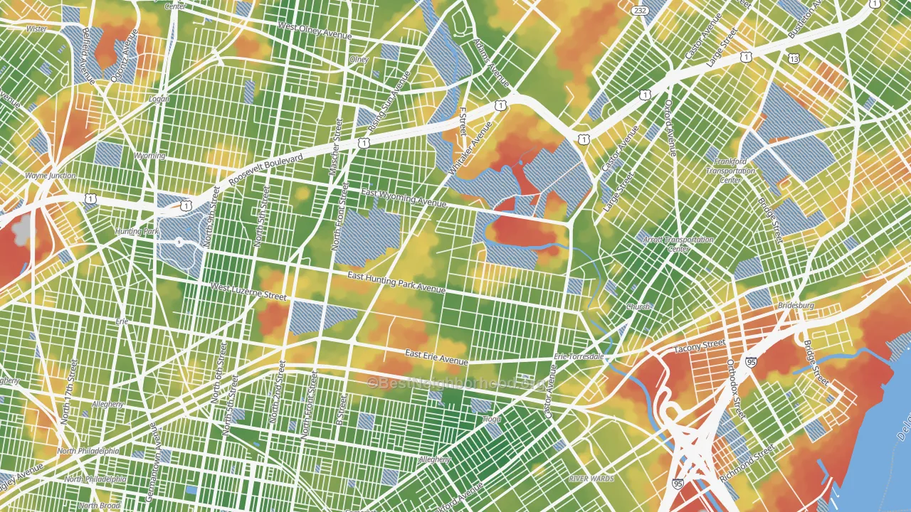 Walk Grade map of Juniata Park-Feltonville, Philadelphia, PA, walkable areas in green and car-dependent areas in red