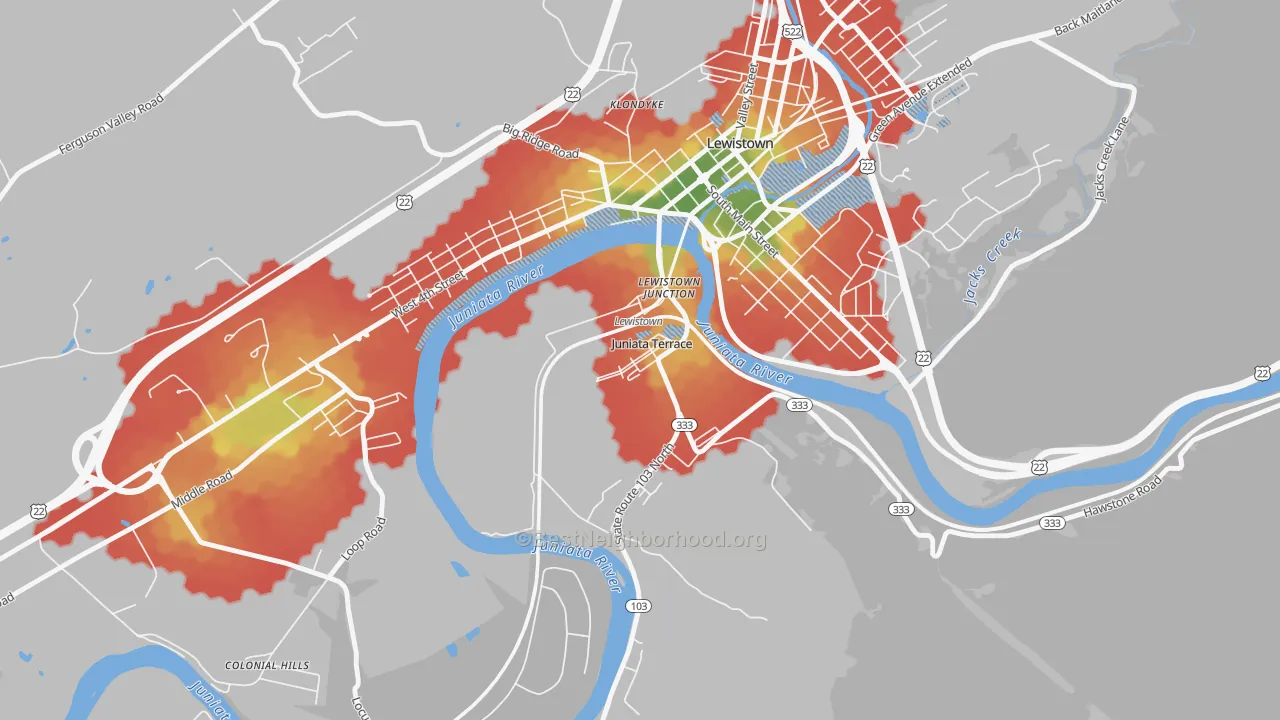 Walk Grade map of Juniata Terrace, PA, walkable areas in green and car-dependent areas in red